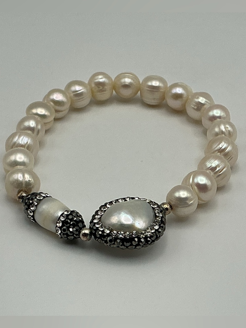 Freshwater Pearl Stretch Bracelet Black Crystal Accent Baroque Pearl